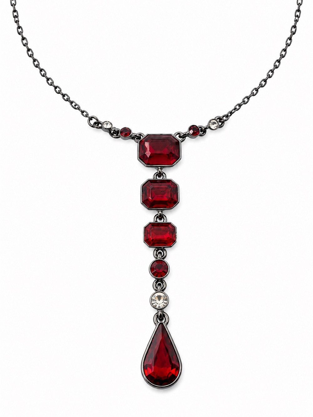 Givenchy Red Crystal Drop Pendant Necklace Gunmetal Tone